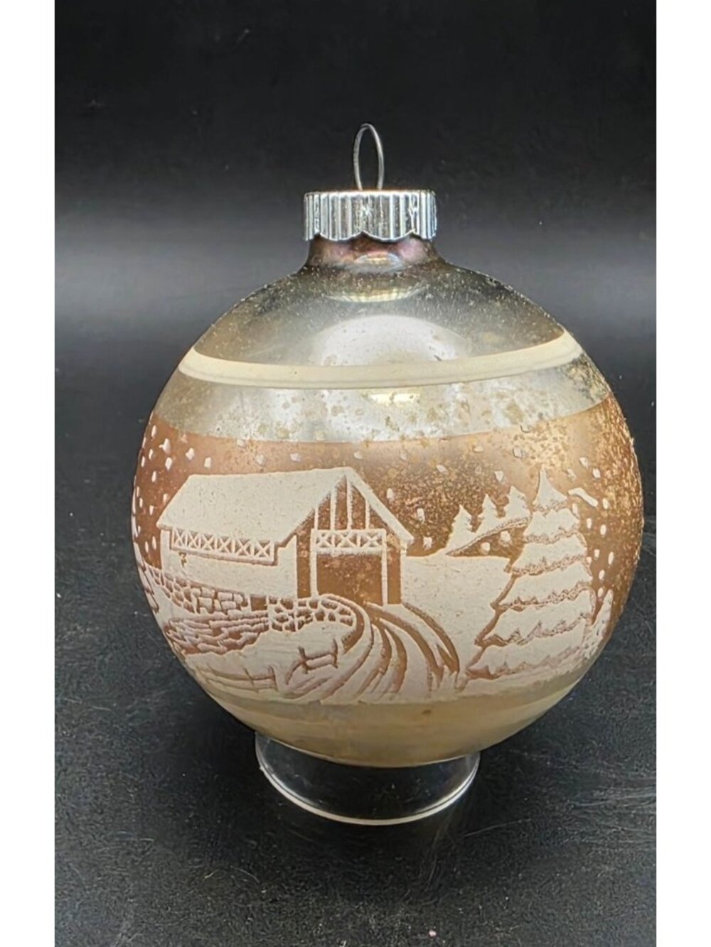 Vintage MCM Stenciled Shiny Brite 3" Mercury Glass Christmas Ornament Winter Sce